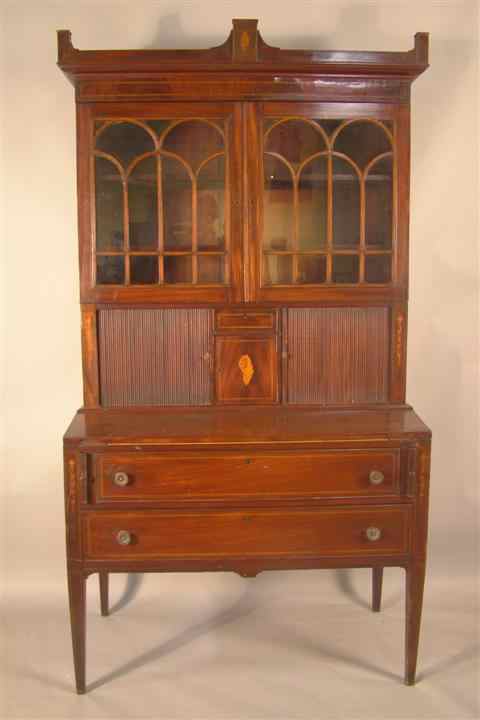 Appraisal: FEDERAL INLAID MAHOGANY TAMBOUR FRONT DESK AND BOOKCASE ALTERATIONS late