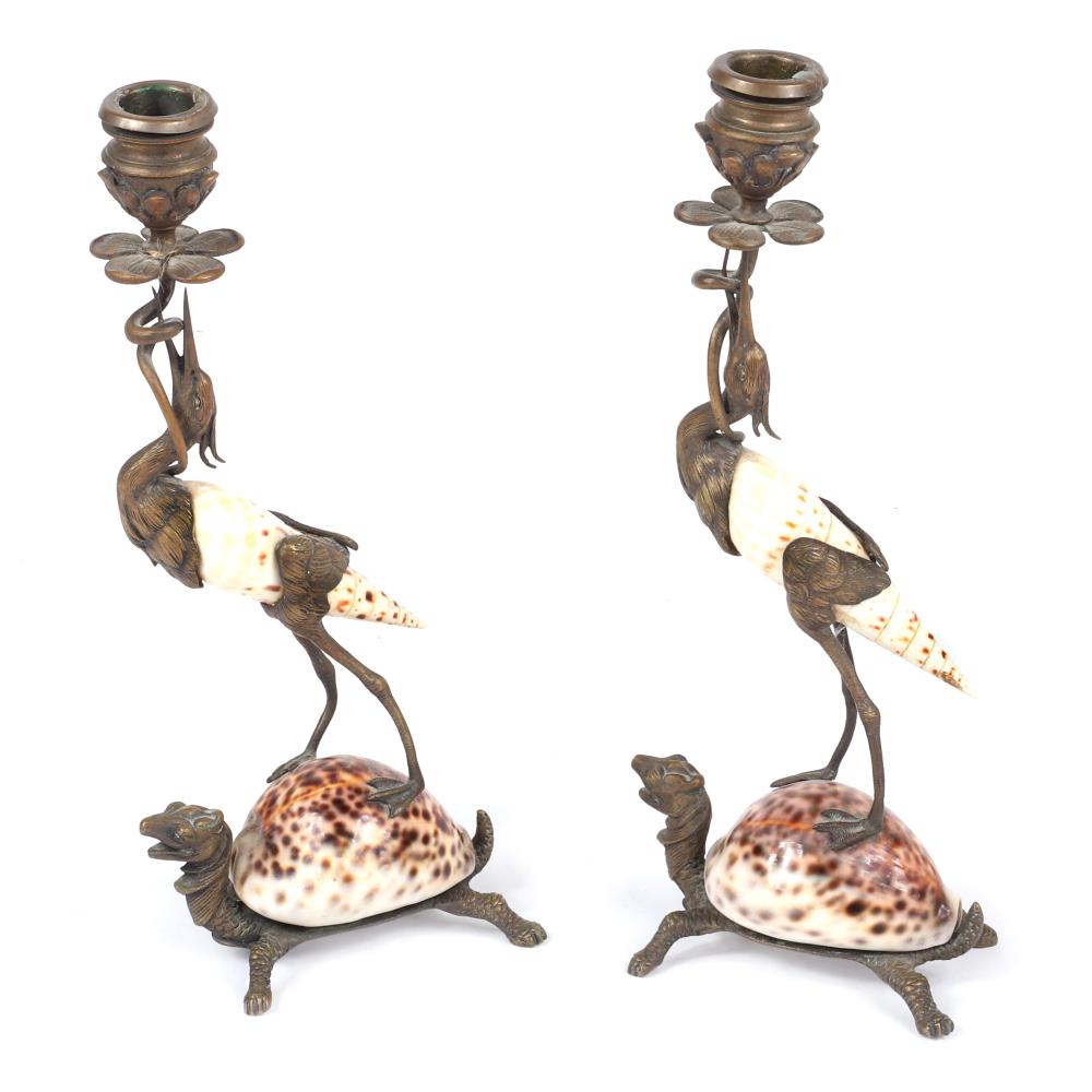 Appraisal: PAIR ANTIQUE BRONZE MOUNTED VICTORIAN AESTHETIC CANDLESTICKS WITH SEASHELL BODY