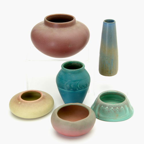 Appraisal: ROOKWOOD Six Production pieces in assorted shapes and glazes All