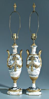 Appraisal: Pair bronze mounted marble lamps white marble urns with streaks