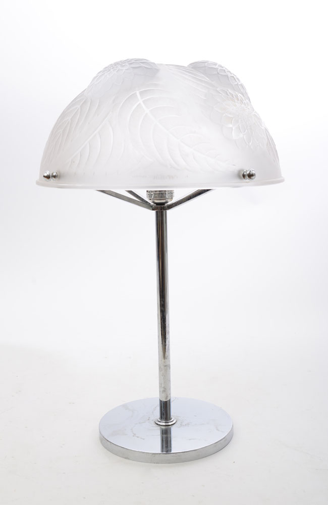 Appraisal: FRENCH ART DECO CHROME SPINDLE LAMP WITH LALIQUE MOLDED GLASS