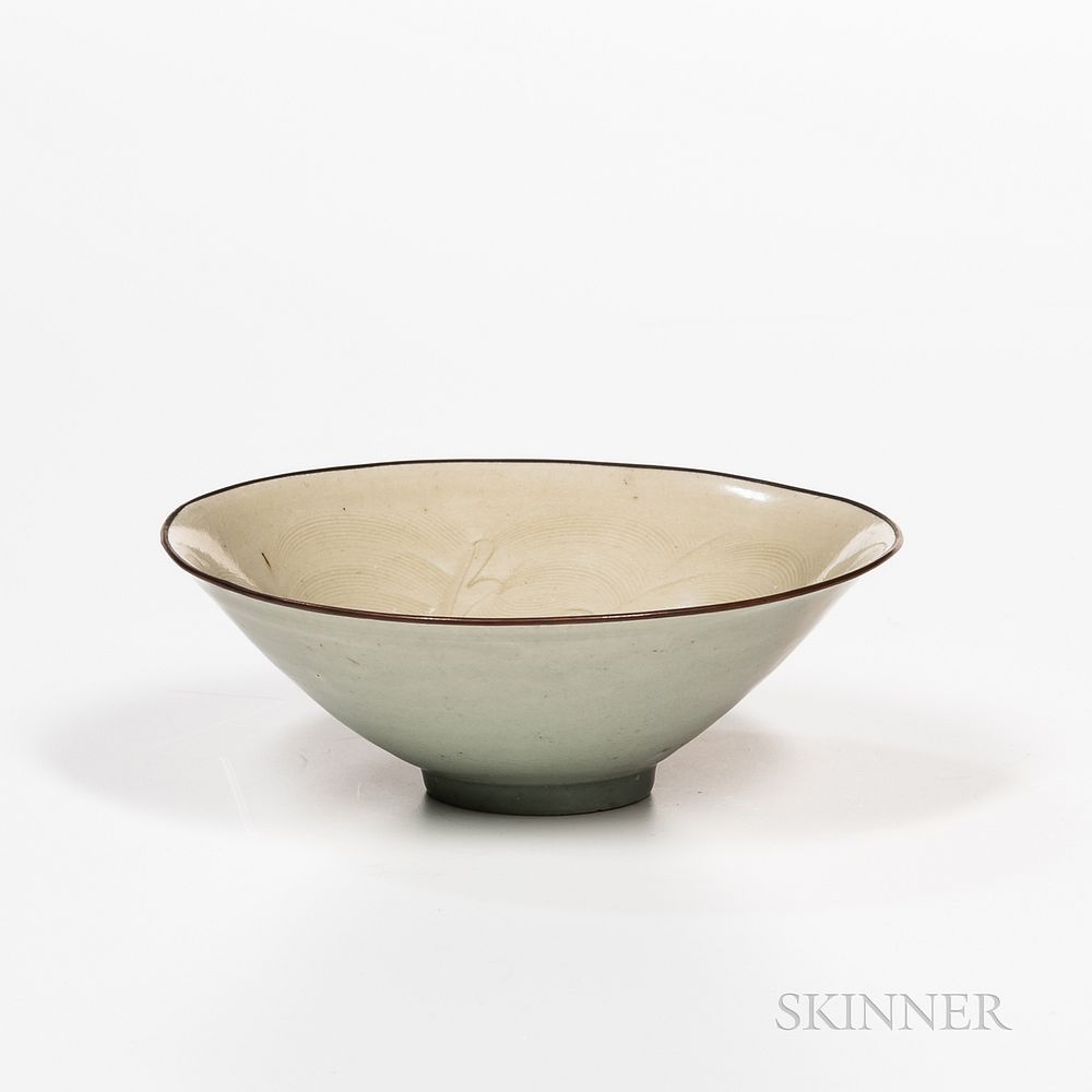 Appraisal: Celadon-glazed Ding Bowl with Metal Rim Celadon-glazed Ding Bowl with