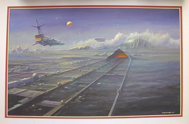 Appraisal: Tony Fachet acrylic on paperboard painting depicting futuristic scene of