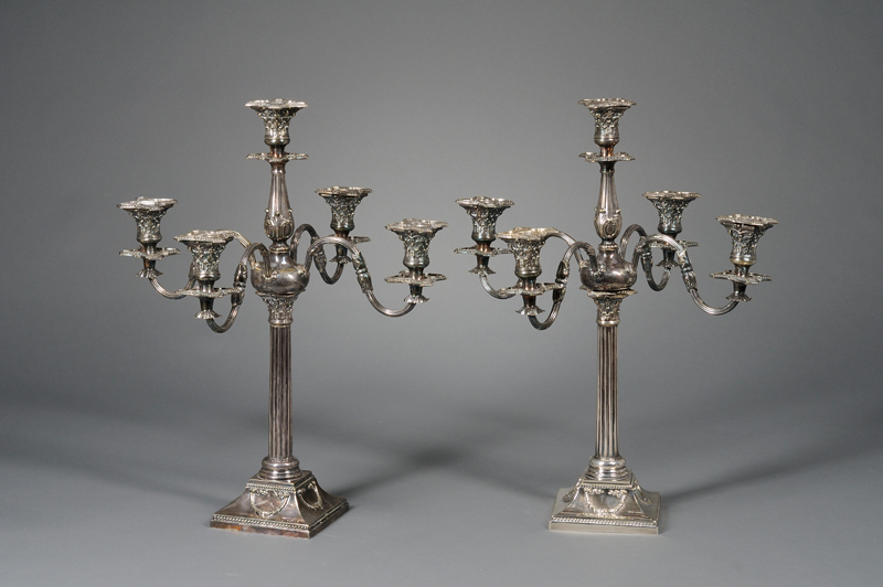 Appraisal: Pair of Silver Plated Five-light Convertible Candelabra in classic motif