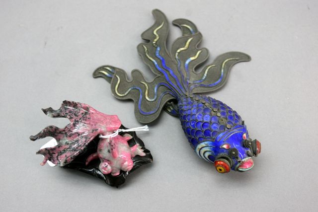 Appraisal: A Chinese articulated cloisonn fish together with a soapstone carving