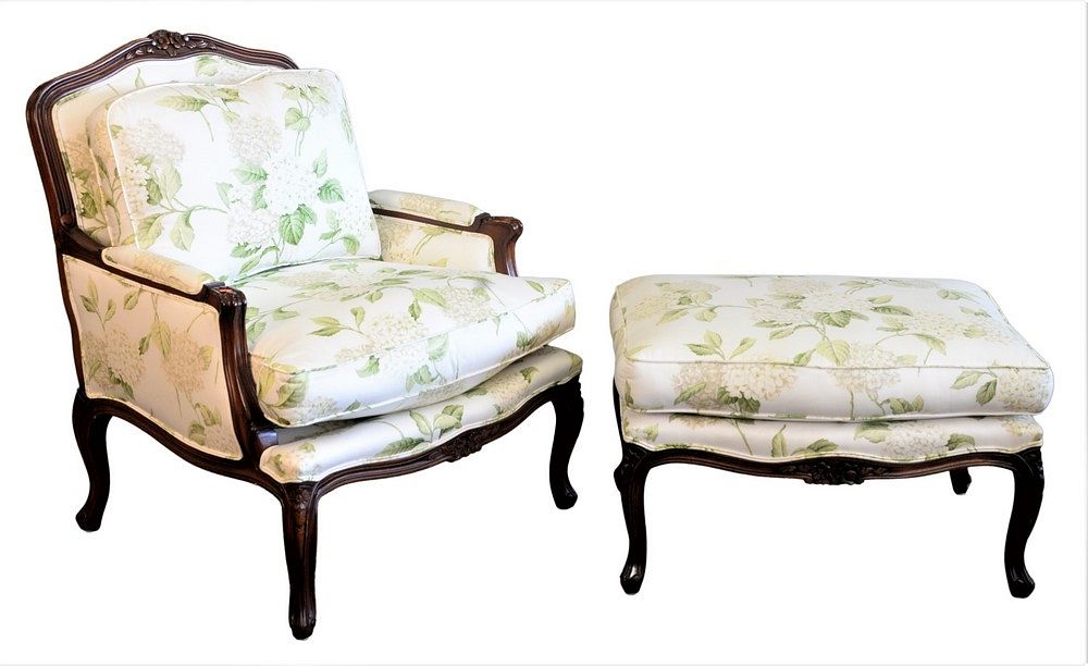 Appraisal: Louis XV Style Fauteuil and Ottoman each having floral upholstery