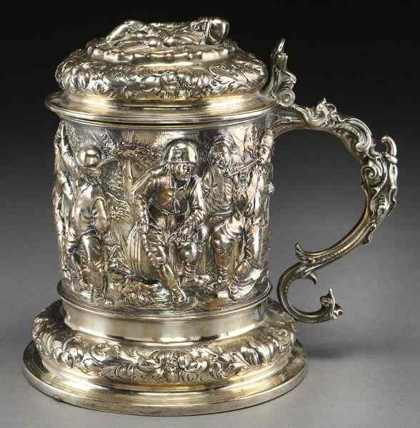 Appraisal: Elkington silver plated tankard the frieze depicting drunken peasants having