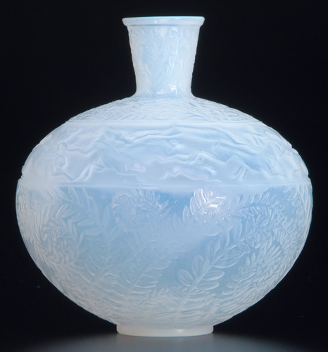 Appraisal: R LALIQUE Vase Lievres opalescent c M p No Molded