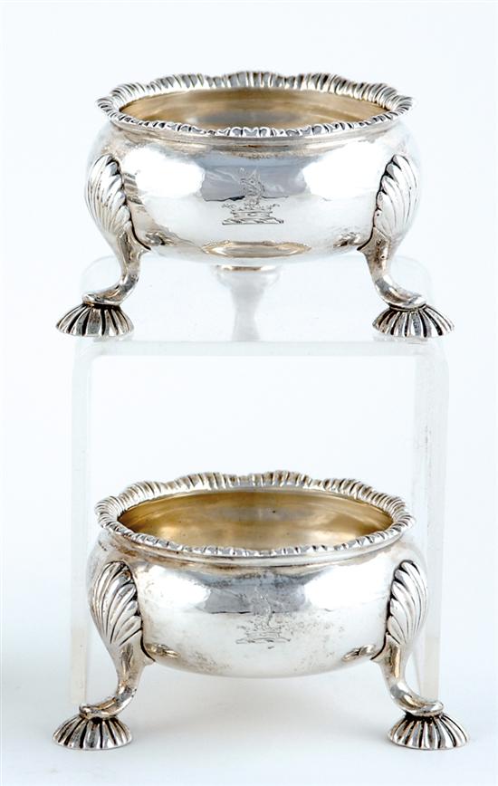 Appraisal: Pair George II sterling salt cellars London dated circular bowl