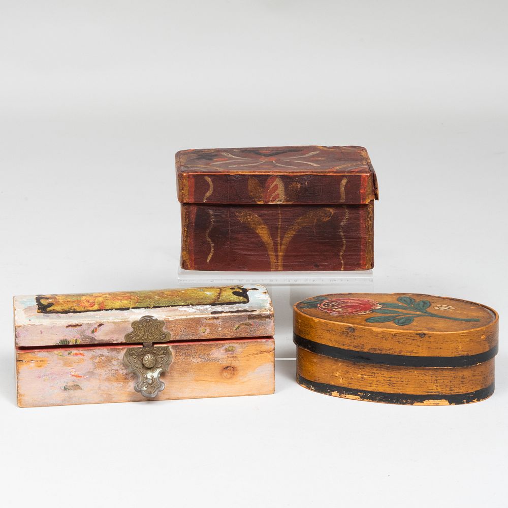 Appraisal: Three Continental Painted Folk Art Boxes Comprising An oval box