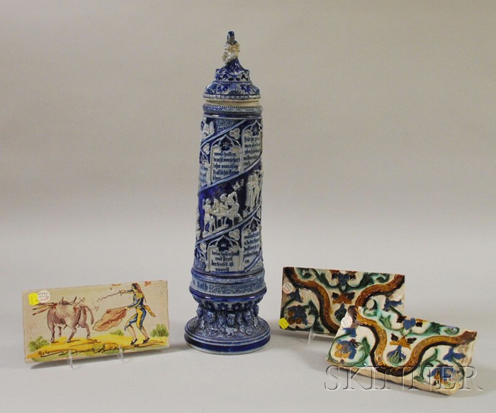 Appraisal: Three European Art Tiles and a German Cobalt Highlighted Relief