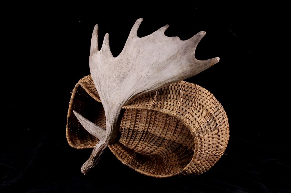 Appraisal: Moose Antler Wicker Woven Fishing Basket For your consideration is