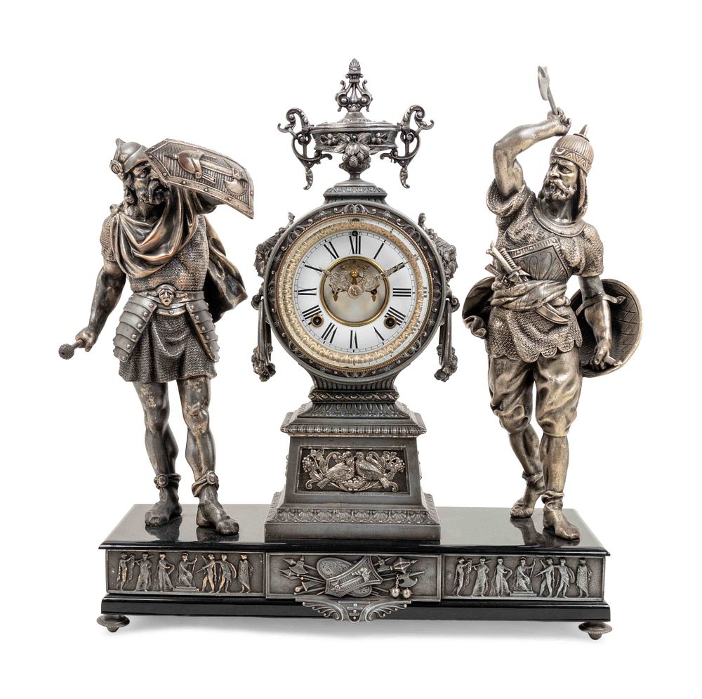 Appraisal: An Ansonia Combatants Patinated-Metal Mantel Clock An Ansonia Combatants Patinated-Metal