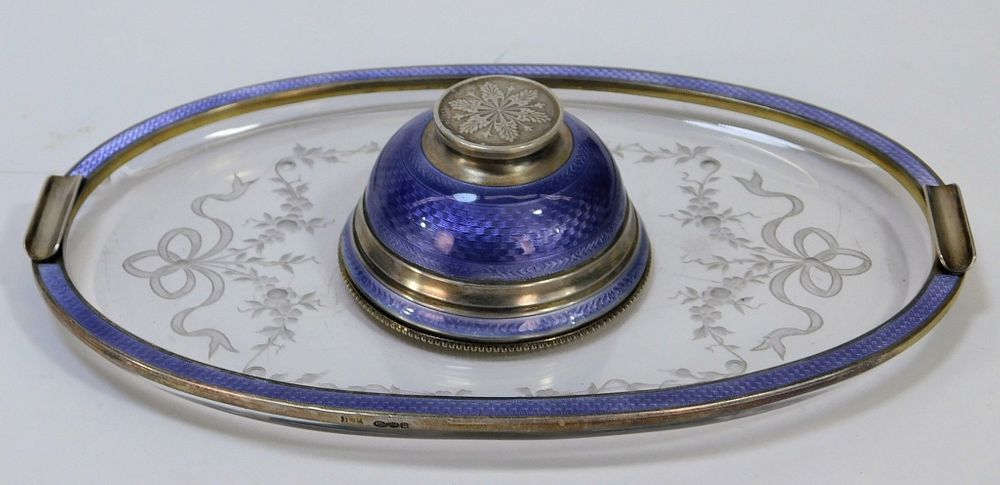 Appraisal: European Guilloche Enamel Sterling Silver Inkwell Europe Late th-Early th