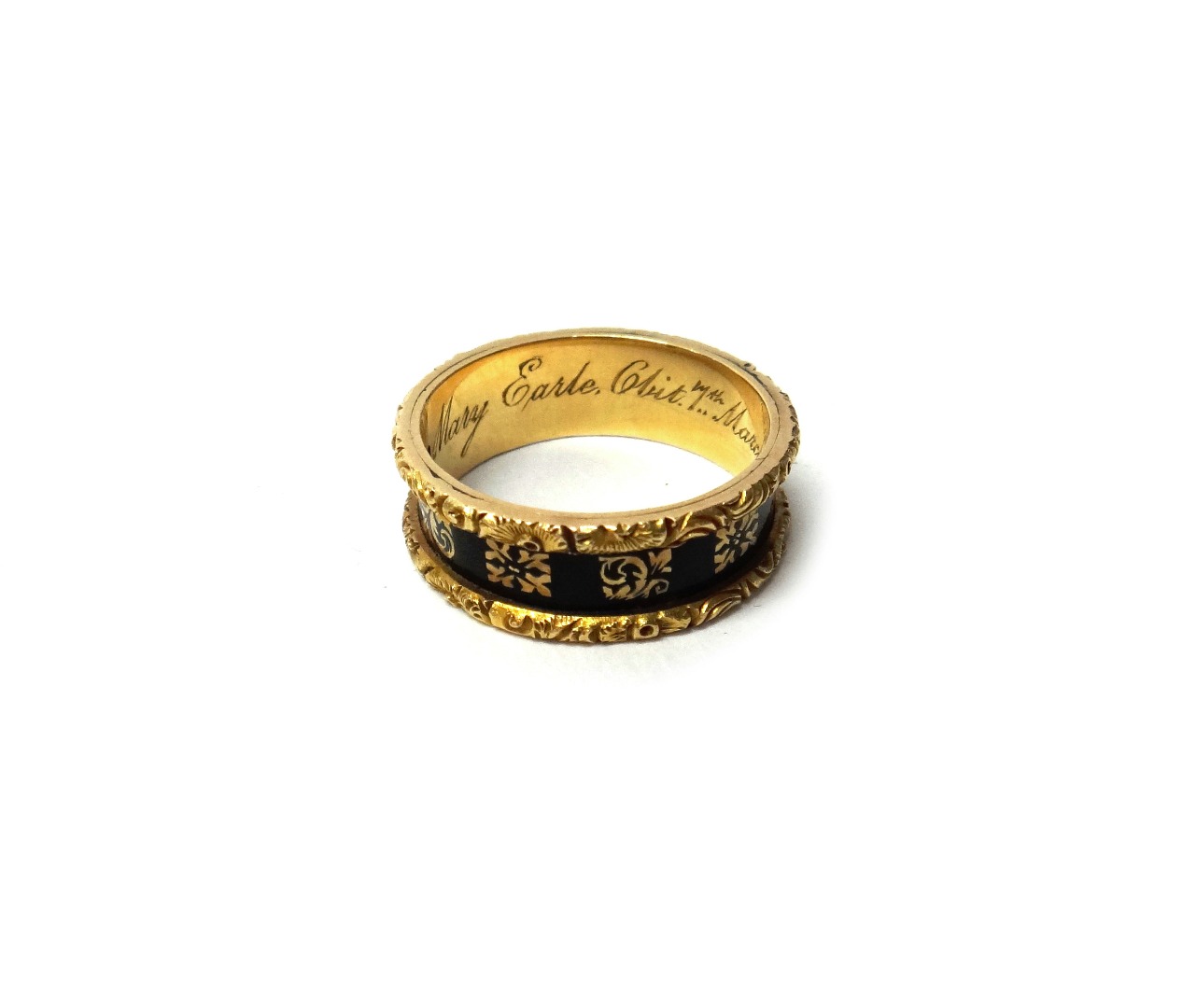 Appraisal: A Victorian ct gold and black enamelled mourning band ring