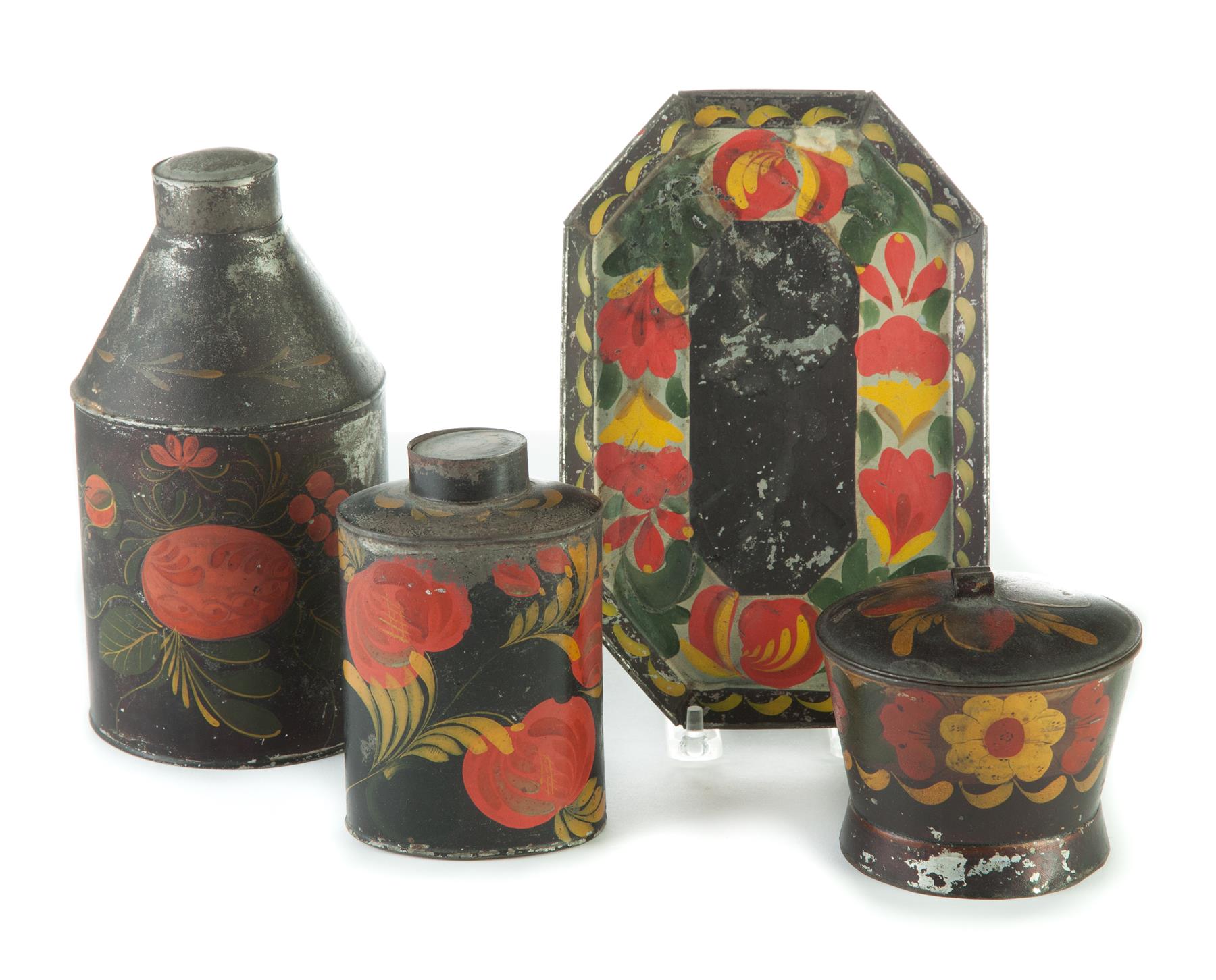 Appraisal: FOUR PIECES OF TOLE DECORATED TIN American mid th century