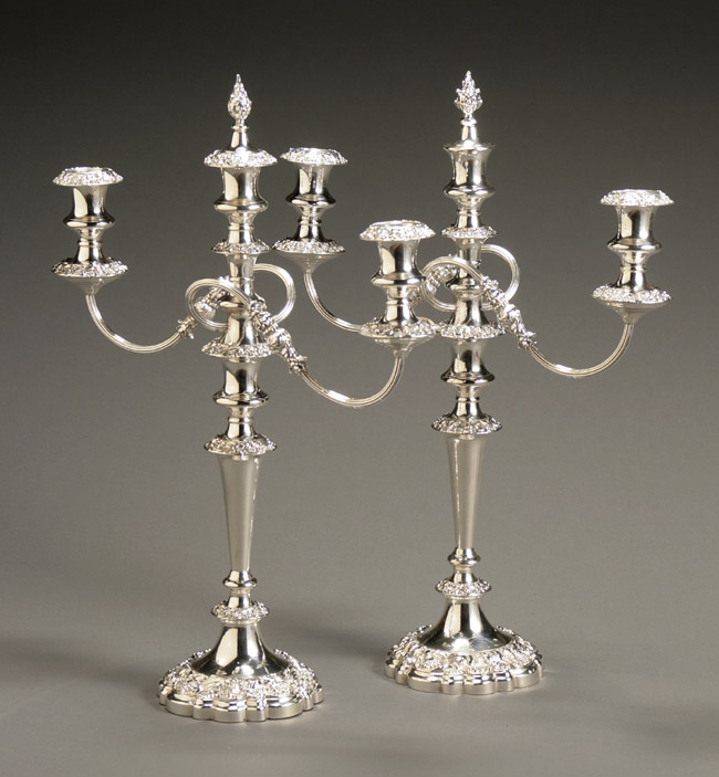 Appraisal: Pair of Sheffield Plate Convertible Three-Light Candelabra First Quarter th