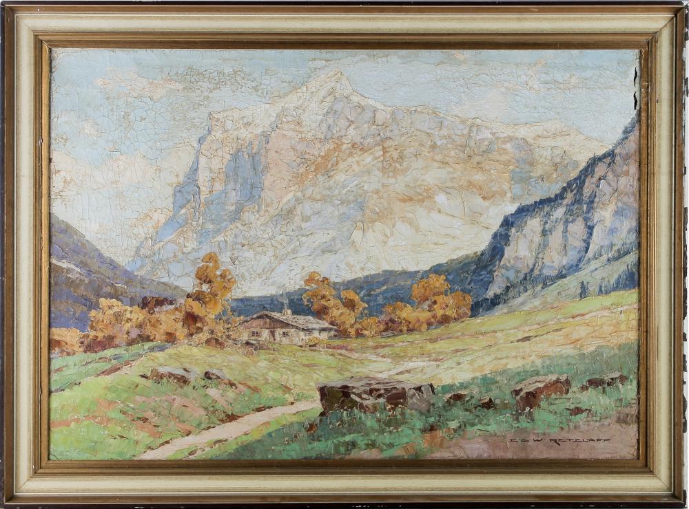 Appraisal: ERNST CARL WALTER RETZLAFF - MOUNTAIN LANDSCAPEoil on canvas signed