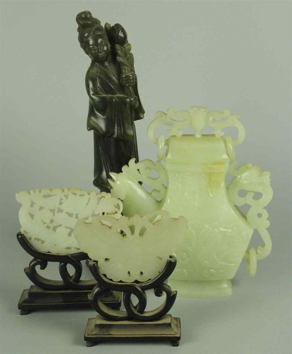 Appraisal: FOUR CHINESE HARDSTONE CARVINGS including a white jade carving of