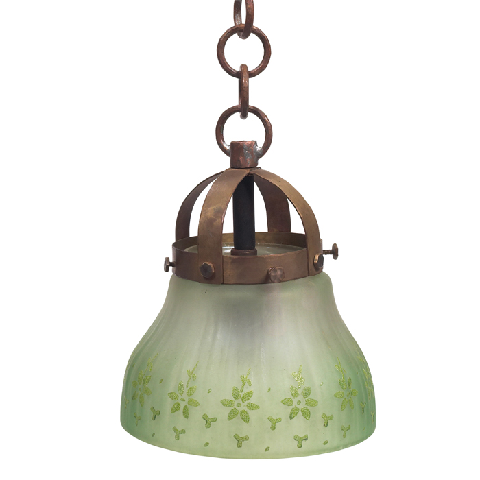 Appraisal: Handel hanging lantern reverse-painted floral design on a green shade