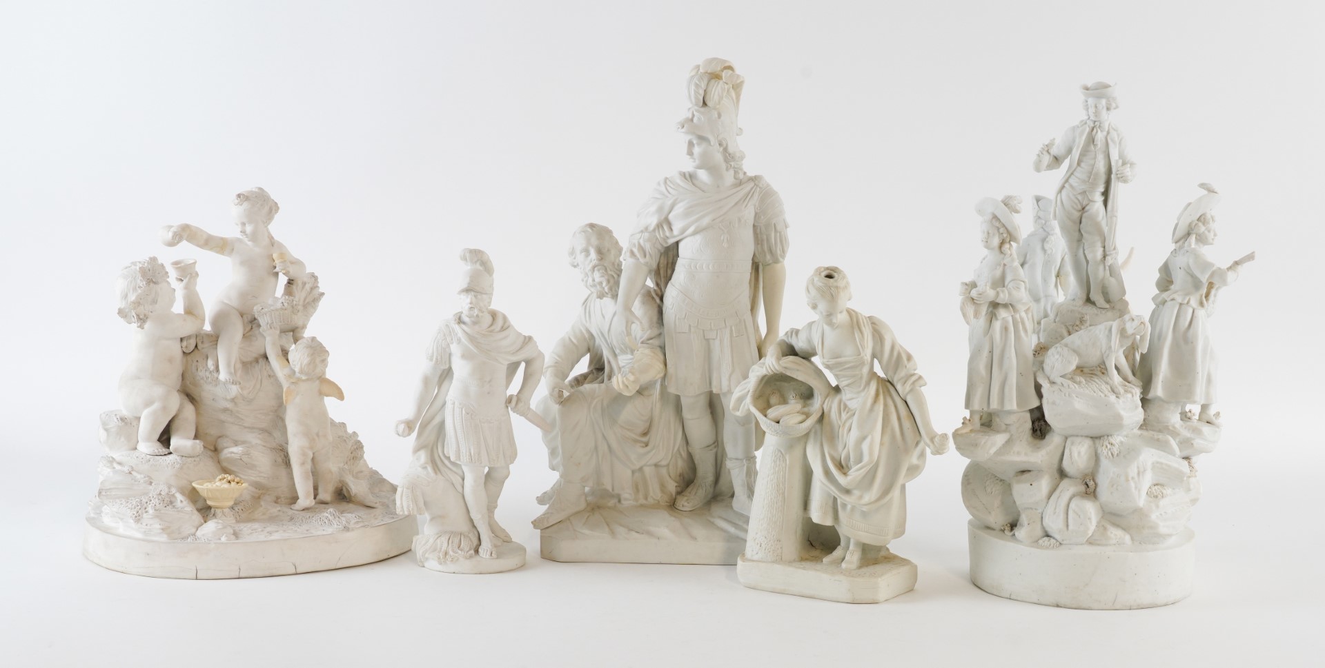 Appraisal: THREE CONTINENTAL BISCUIT PORCELAN GROUPS AND TWO FIGURES French and