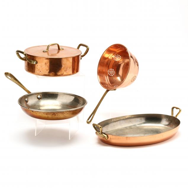 Appraisal: FOUR VINTAGE COPPER KITCHEN COOKWARE ITEMS All with brass handles