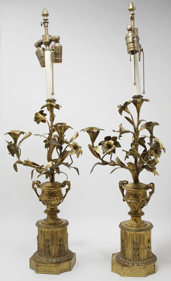 Appraisal: Pair of Louis XVI Style Gilt-Metal Three-Light Candelabra Estimate -