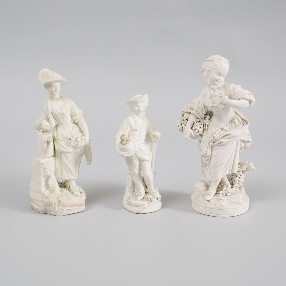 Appraisal: Three Derby Biscuit Porcelain Figures of Gardeners The grape harvester