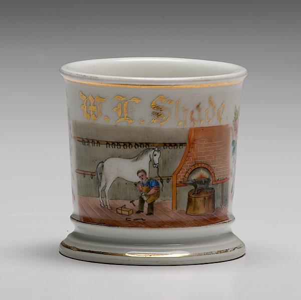 Appraisal: OCCUPATIONAL SHAVING MUG OF FARRIER porcelain with polychrome painted scene