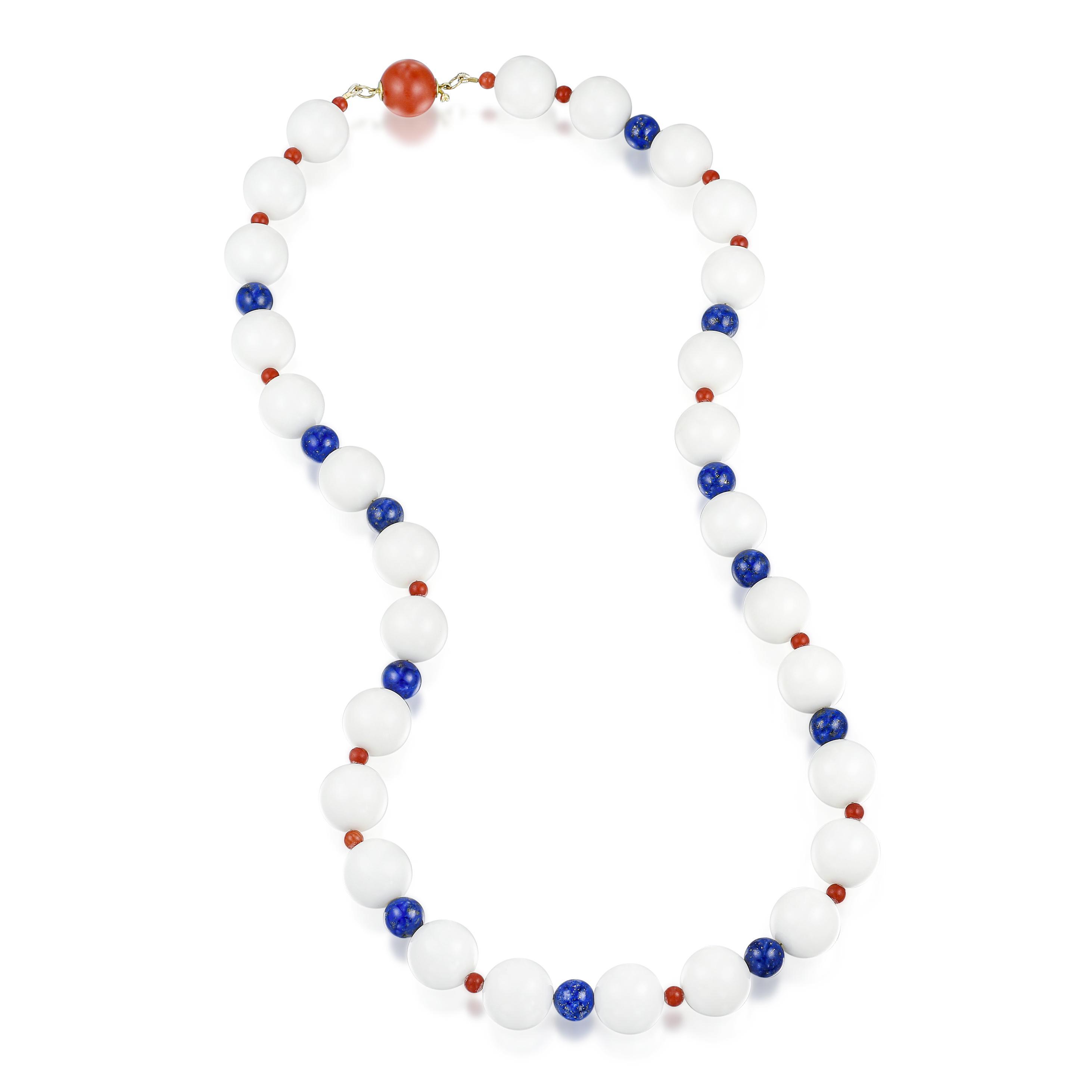 Appraisal: CHALCEDONY LAPIS LAZULI AND CORAL BEAD NECKLACE METAL K yellow