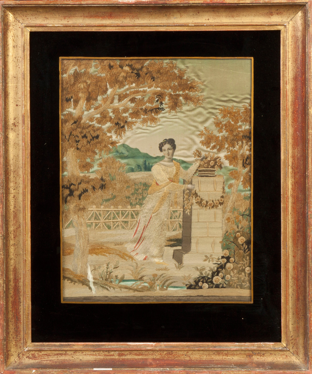 Appraisal: Needlework Watercolor on Silk Memorial Picture Early th cent