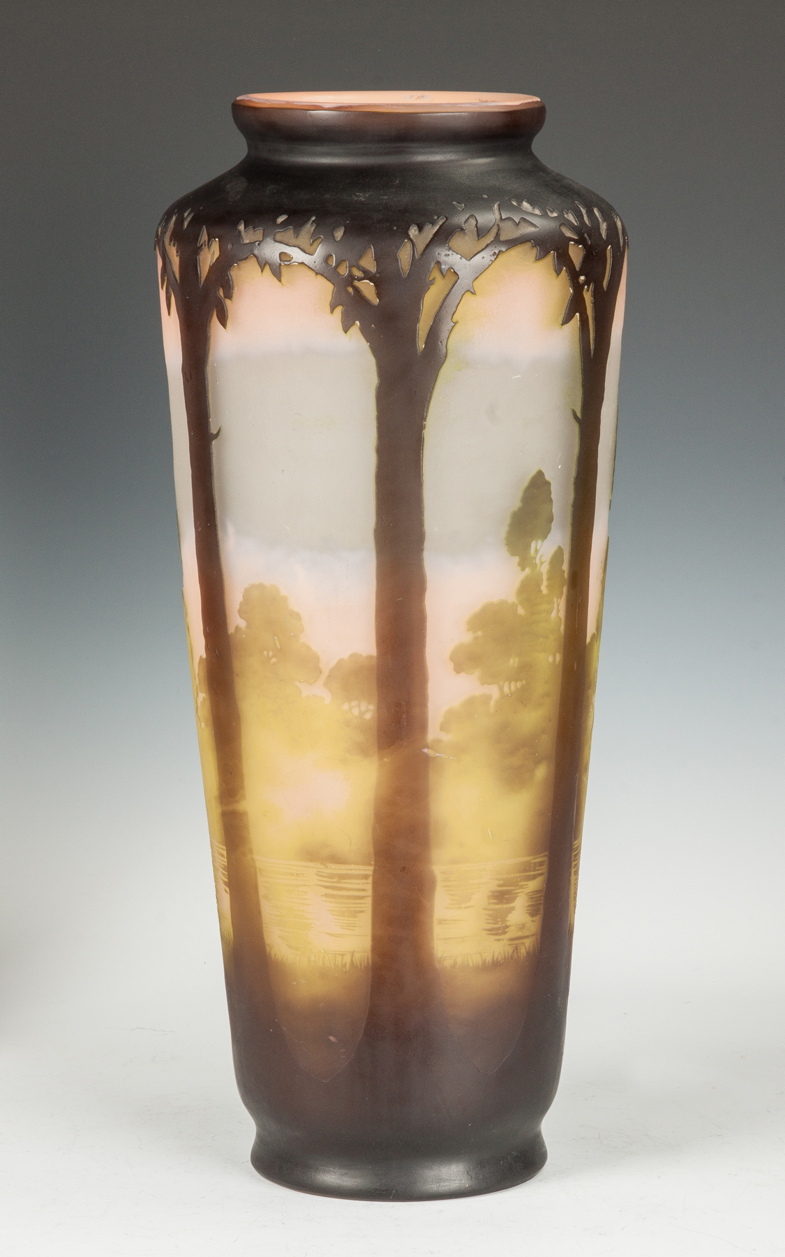 Appraisal: Monumental Galle Fire Polished Cameo Vase with Lake Scene Trees