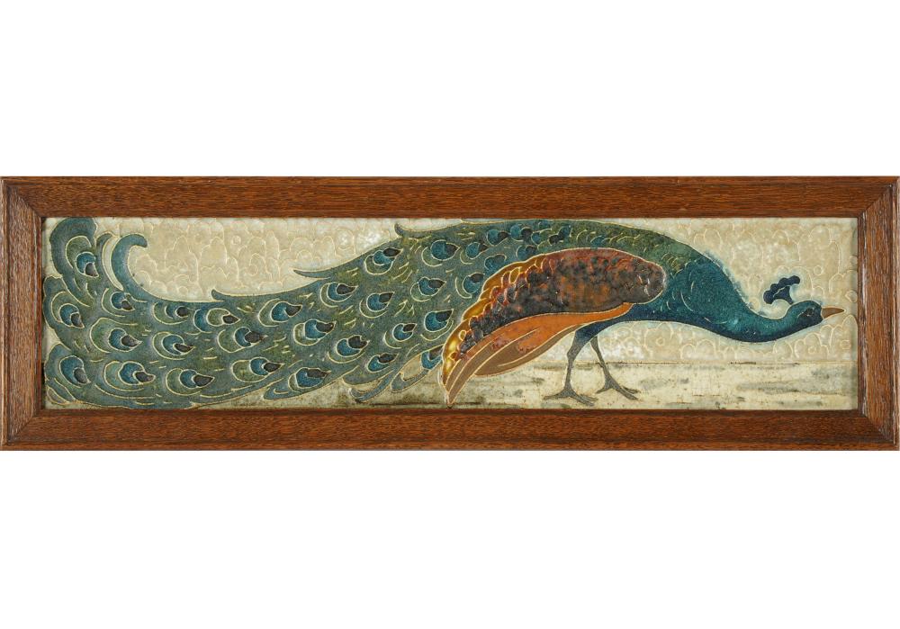 Appraisal: VINTAGE FRAMED DELFT POTTERY PEACOCK TILEwith label verso the tile