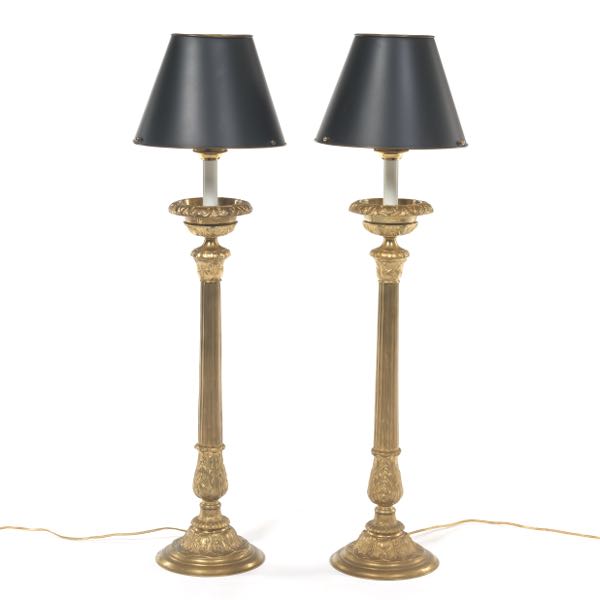 Appraisal: PAIR OF TALL BRASS LAMPS WITH TOLE SHADES x including