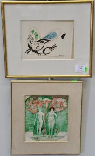 Appraisal: Four small framed items to include Marc Chagall lithograph Coq