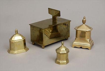 Appraisal: English Brass Honor Tobacco Box Together with three brass covered