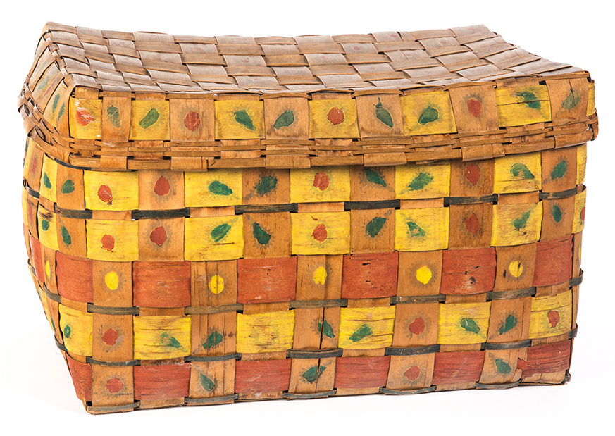 Appraisal: LARGE WOODLANDS DECORATED BASKET Late th-early th century Woven splint