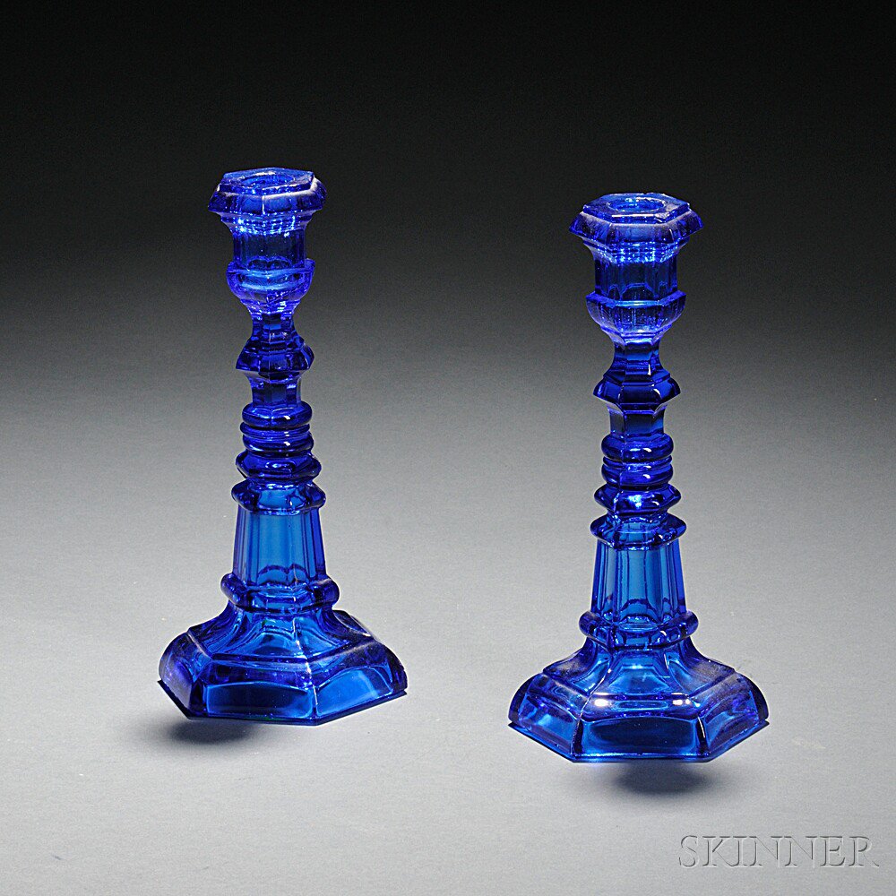 Appraisal: Pair of Blue Pressed Glass Candlesticks mid to late th