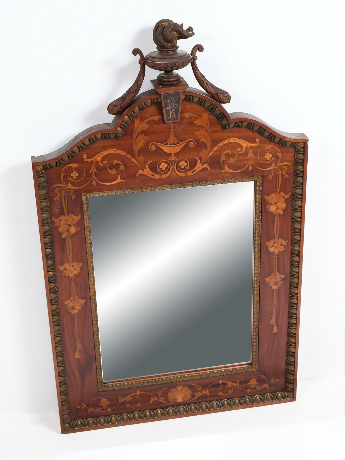 Appraisal: MARQUETRY INLAID MIRROR Finely inlaid wall mirror having a Scrolling