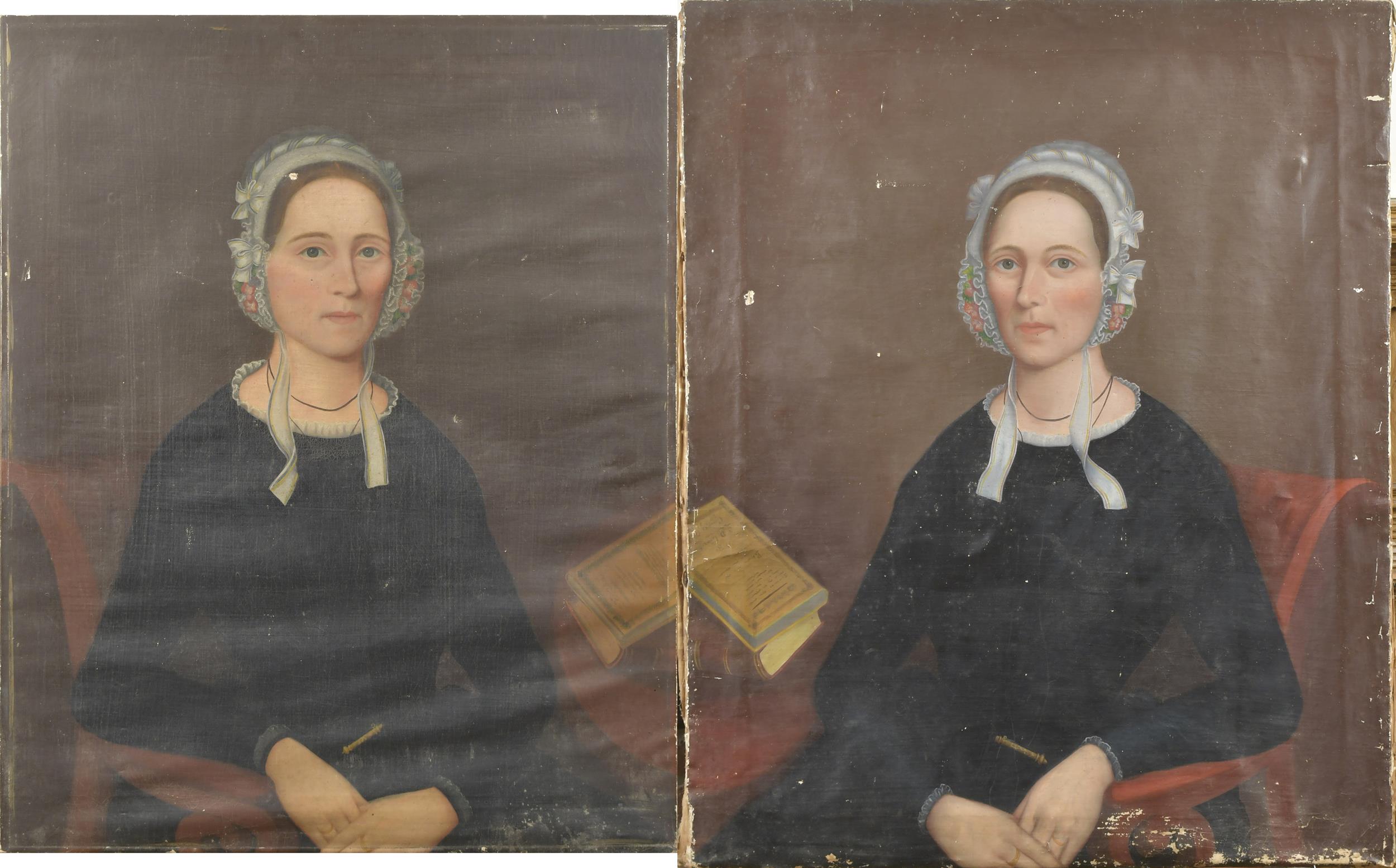 Appraisal: PAIR OF TH C NH PORTRAITS TWINS Two oil on