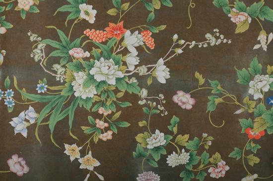 Appraisal: SIX VINTAGE HAND-PAINTED FLORAL WALLPAPER PANELS Iridescent gold and silver