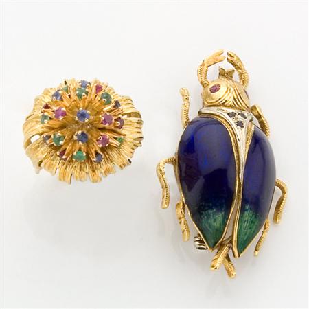 Appraisal: Gold Enamel and Colored-Stone Beetle Brooch and Gold and Colored-Stone