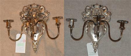 Appraisal: Pair of Silvered-Metal Three-Light Sconces Estimate -