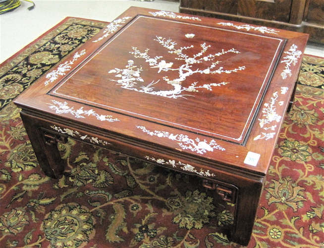 Appraisal: CHINESE INLAID ROSEWOOD COFFEE TABLE square shape with pictorial mother-of-pearl