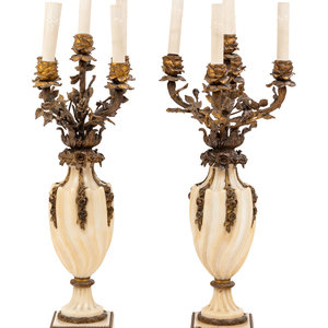 Appraisal: A Pair of French Bronze and Marble Urn-Form Five-Light Candelabra