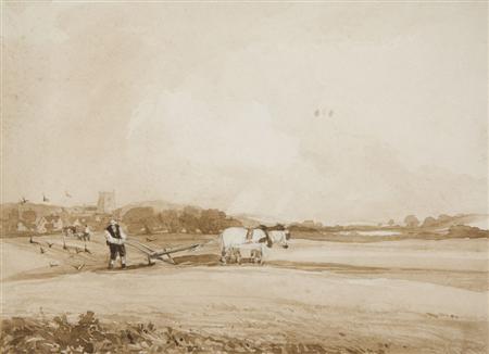 Appraisal: THOMAS LOUND - PLOUGHING SCENE Monochrome watercolour cm x cm