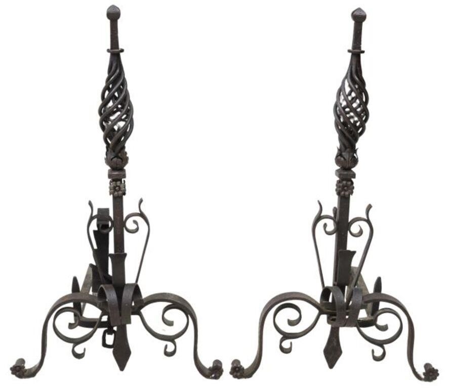 Appraisal: pair Continental wrought iron andirons th c open twist finial