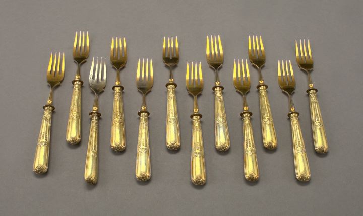 Appraisal: Set of Twelve German -Standard Gilded Silver Hollow-Handle Dessert Forks