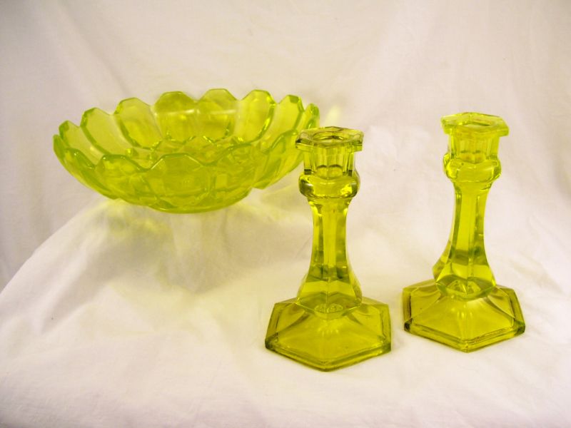 Appraisal: Vaseline Glass Bowl Candleholders Set includes a center bowl and