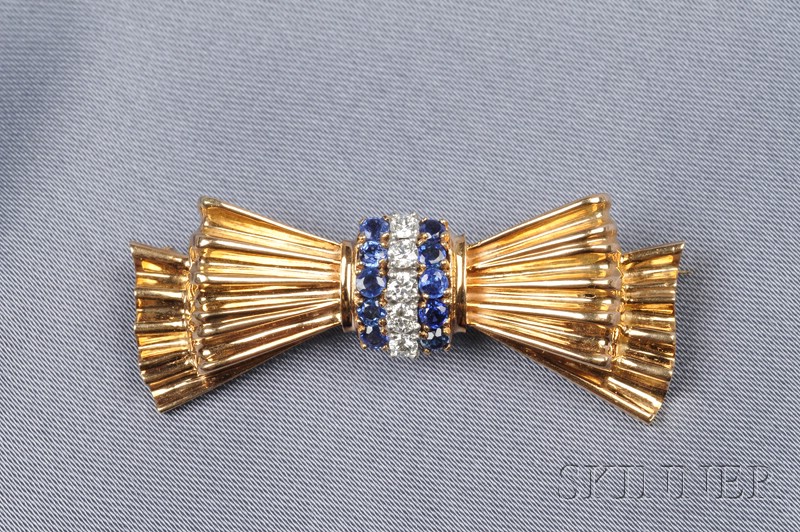 Appraisal: Retro kt Gold Sapphire and Diamond Bow Brooch Tiffany Co